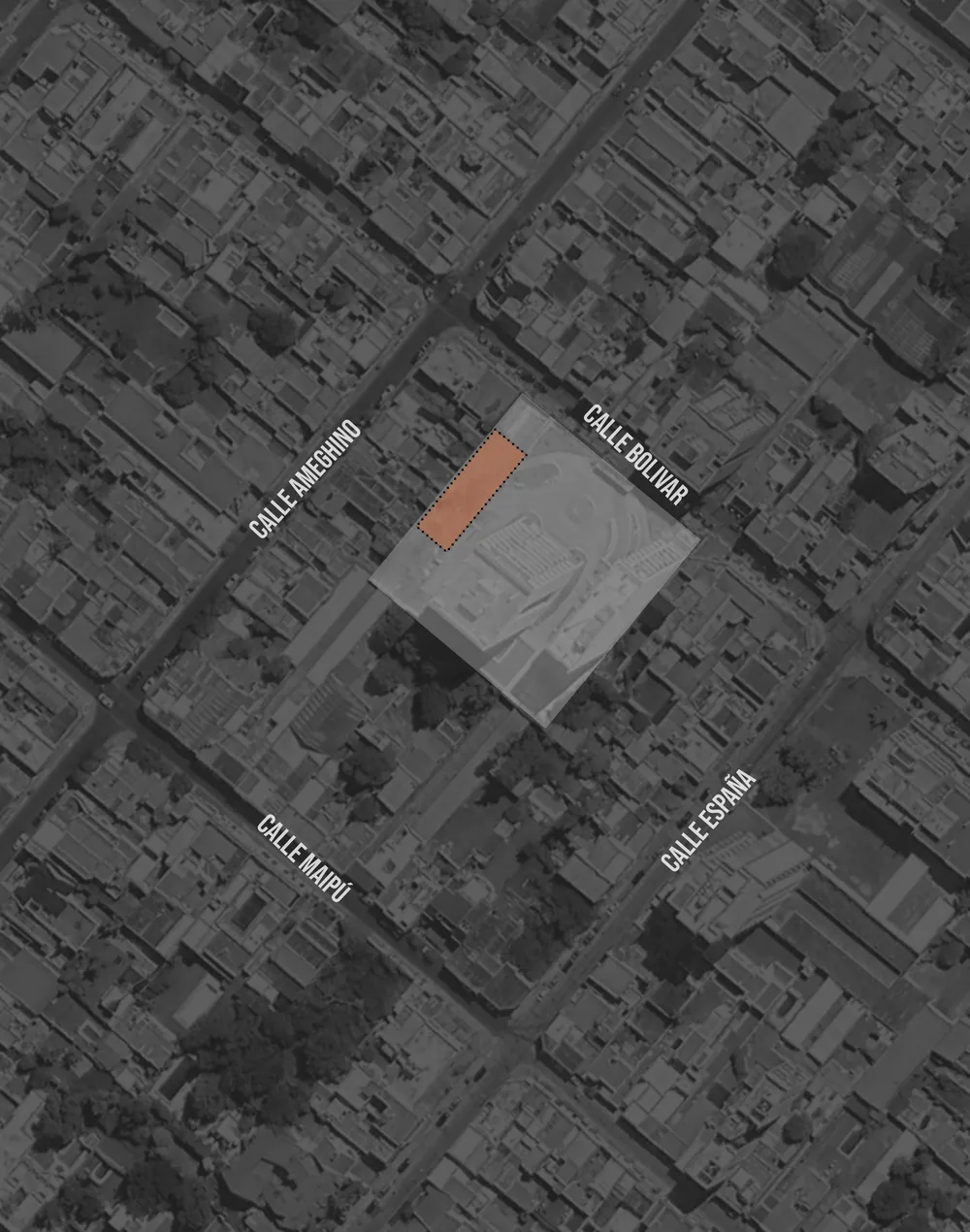 Vista aérea de la manzana entre las calles Ameghino, Bolívar, España y Maipú: el conjunto Altos de los Arroyos y, sobre Bolívar, la huella de la torre nueva