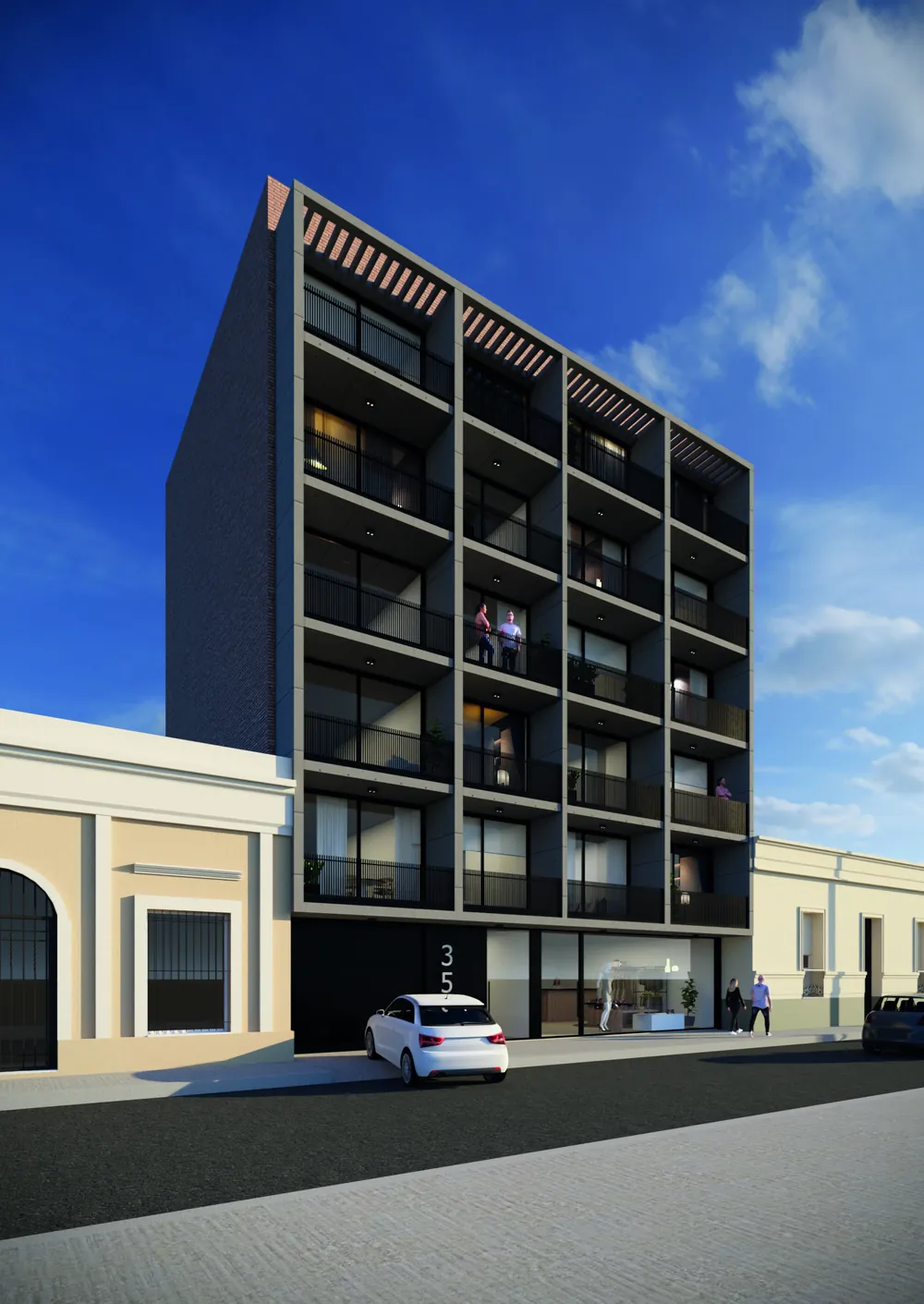 Render del edificio visto en diagonal, de día: el frente de hormigón y vidrio y, a un costado, el muro lateral