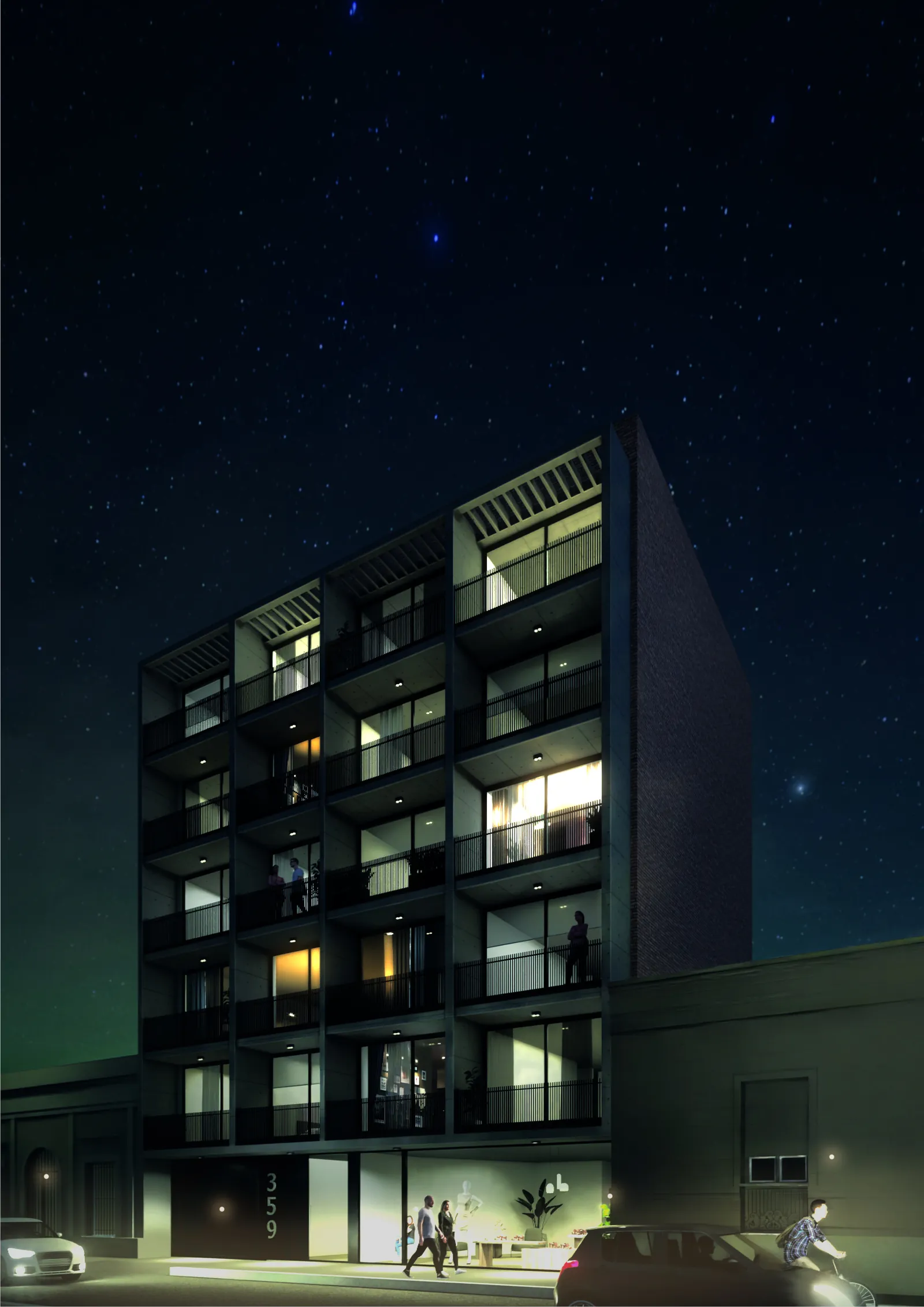 Render del edificio visto en diagonal desde la vereda, de noche: la retícula de hormigón con los balcones iluminados sobre el local vidriado de planta baja