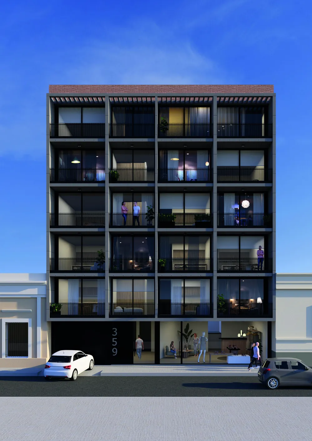Render del frente del edificio, de día: la retícula de hormigón con los balcones y barandas negras sobre el local vidriado