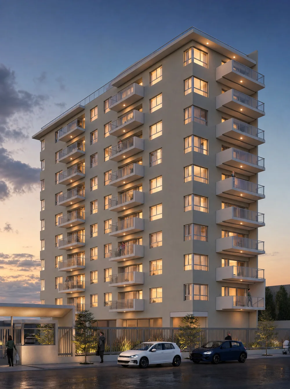 Render de la nueva torre vista desde la calle: fachada clara, balcones aterrazados en las esquinas y grandes ventanales