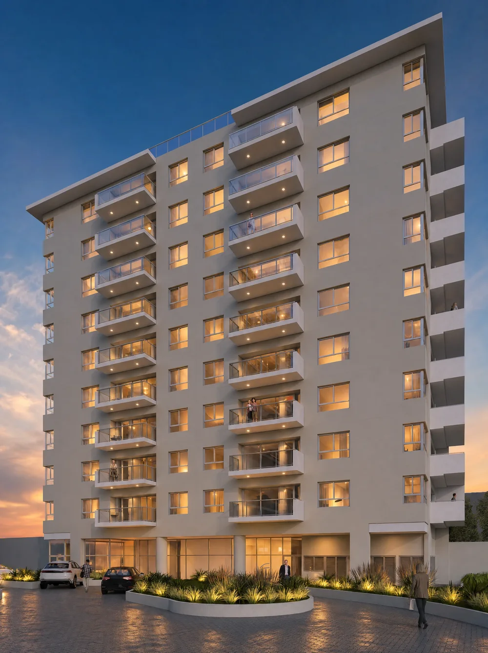 Render de la Torre Altos de los Arroyos, con balcones corridos y barandas de vidrio, vista desde el acceso